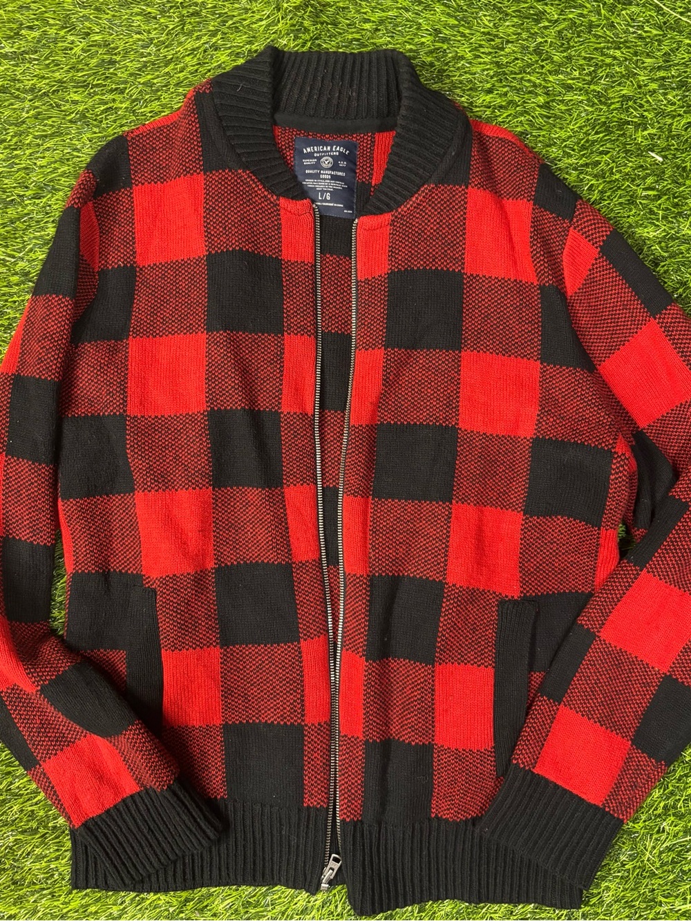 American Eagle Outfitters Red and Black Buffalo-Check Bomber Sweater Jacket